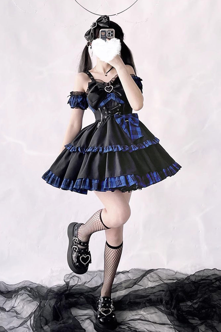 Black/Blue Sleeveless Multi-layer Ruffle Bowknot Gothic Lolita Jsk Dress - Black/Blue - 1