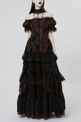 Short Puff Sleeves Print Ruffle Lace Women's Gothic Dress 2 Colors - Black/Red - 9