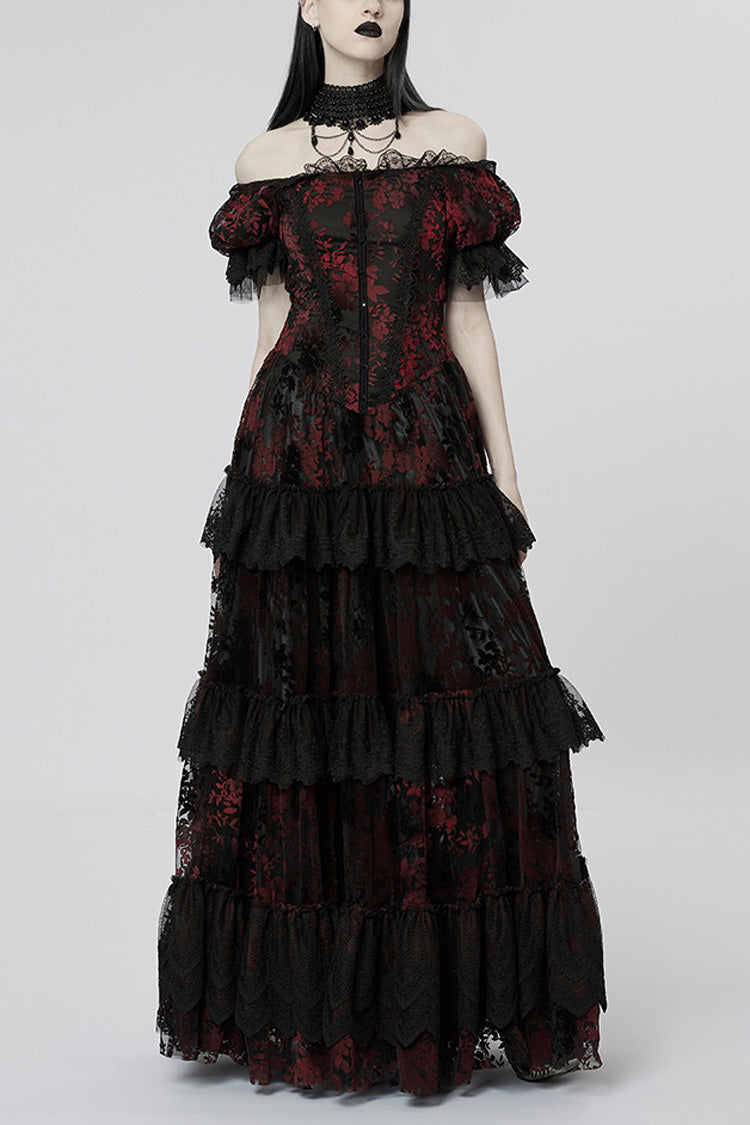 Short Puff Sleeves Print Ruffle Lace Women's Gothic Dress 2 Colors - Black/Red - 9