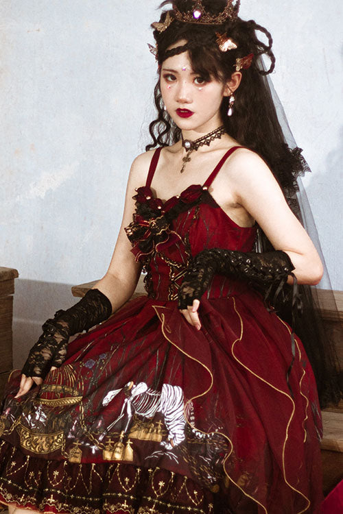 Red Decaying Forest Round Collar Bowknot Ruffled Classic Lolita JSK Dress - Product - 3