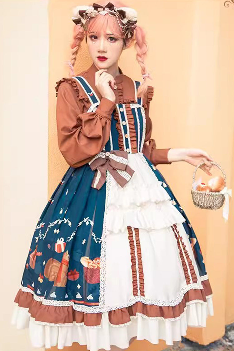 Multi-Color Christmas Far Away Print Ruffle Bowknot Sweet Princess Lolita Jsk Dress - Multi-Color - 1