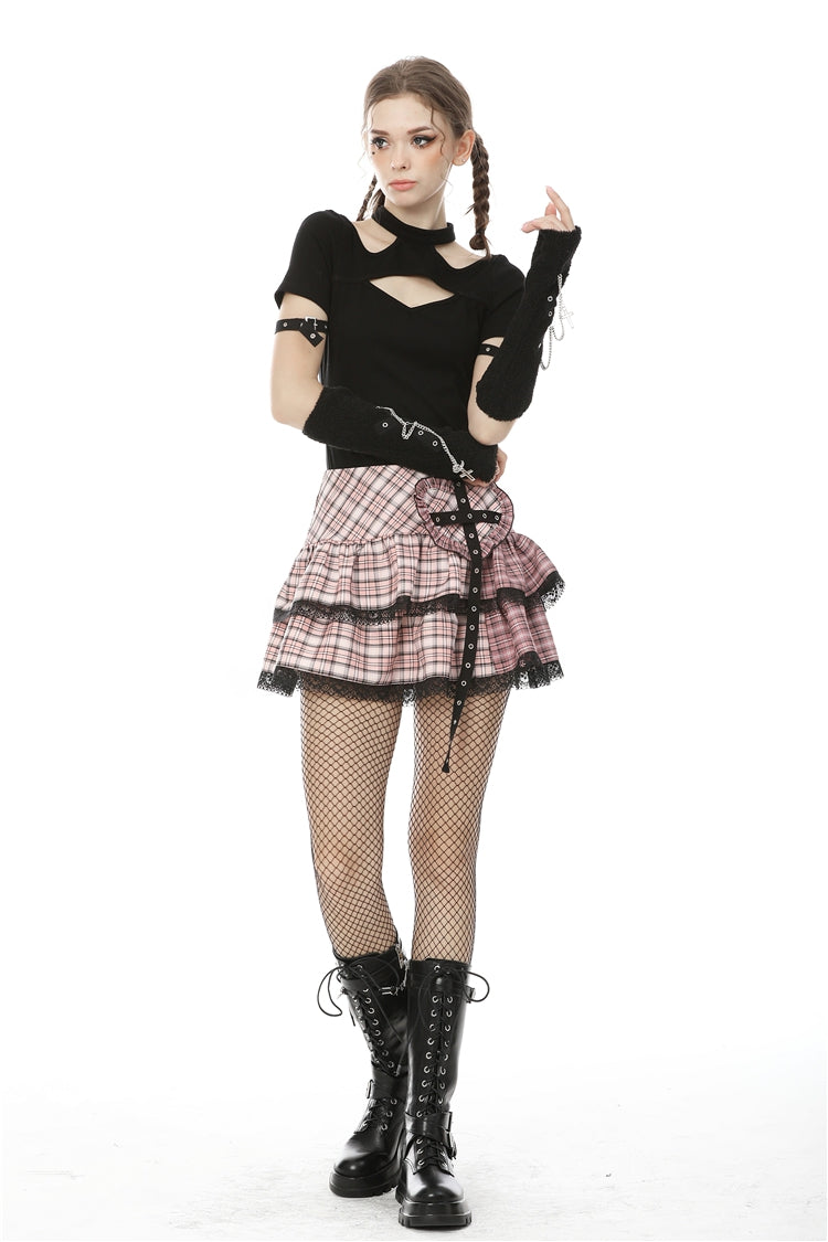 Pink Rock Heart Plaid Double-Layered Ruffled Women's Lolita Mini Skirt with Lace Hem - Product - 9