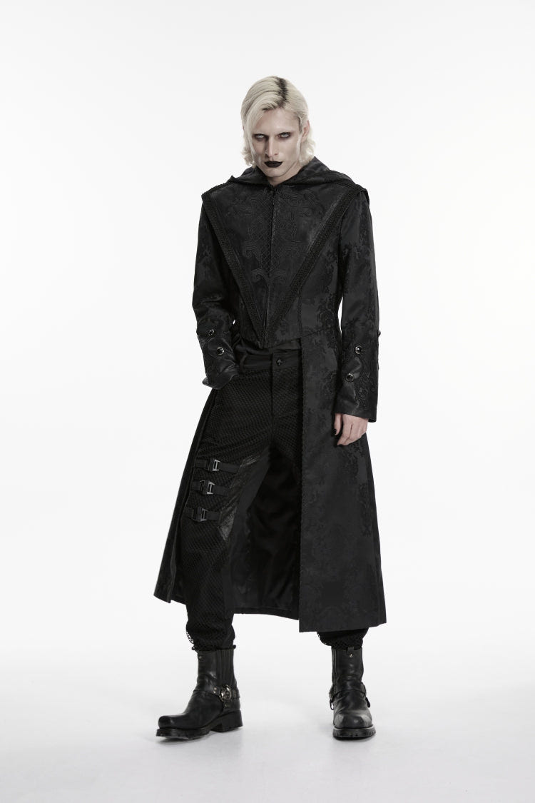 Black Long Sleeves Jacquard Embroidered Spliced Lace Hooded Color-Blocked Men's Punk Cool Coat - Product - 8