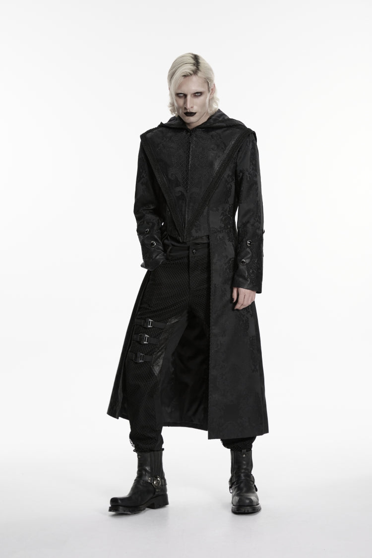 Black Long Sleeves Jacquard Embroidered Spliced Lace Hooded Color-Blocked Men's Punk Cool Coat - Product - 8