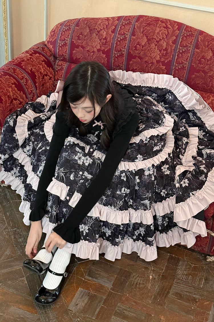 Black [Sacred Heart Lily] Round Collar Sleeveless Multi-Layered Printed Ruffled Embroidered Sweet Chinese Inspired Lolita Jumper Dress - Product - 10