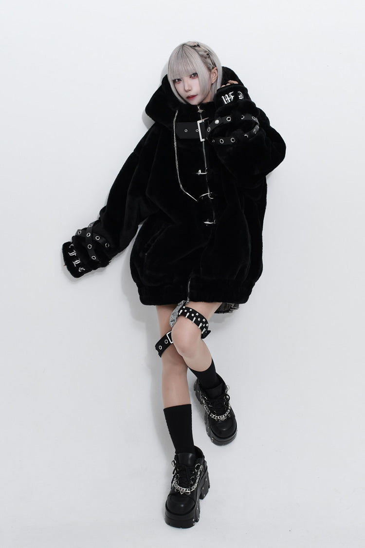 Jirai Kei Long Sleeves Hooded Zipper Punk Japanese Coat With Cross Leather Buckles 2 Colors - Product - 10