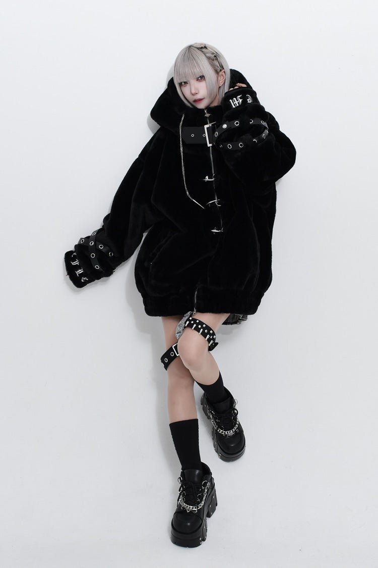 Jirai Kei Long Sleeves Hooded Zipper Punk Japanese Coat With Cross Leather Buckles 2 Colors - Product - 10