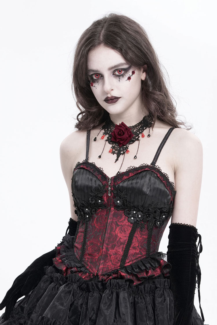 Red Sleeveless Ruffle Embroidery Lace-Up Women's Gothic Tank Top - Red - 1
