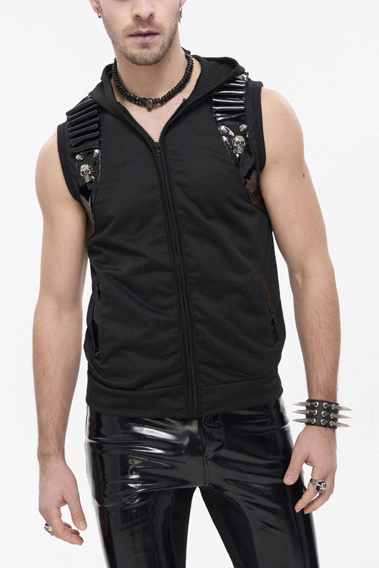 Black Punk Metal Skull Patent Leather Bullet Clip Textured Zip Hooded Sleeveless Men's T-Shirt - Product - 1