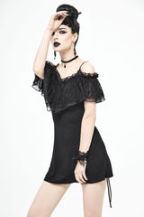 Black Lace Up Off Shoulder Chest Frilly Side Women's Punk T-Shirt - Product - 2