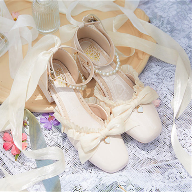 Romance Bowknot Lace Pearl Sweet Elegant Lolita Shoes 4 Colors - Product - 5