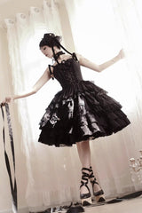 Black Double-Layered Ruffle Lace Gothic Ballet Lolita Jsk Dress - Product - 6