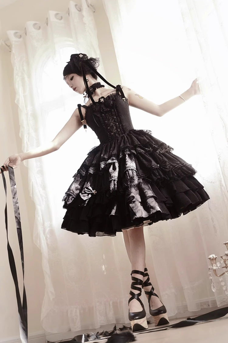 Black Double-Layered Ruffle Lace Gothic Ballet Lolita Jsk Dress - Product - 6