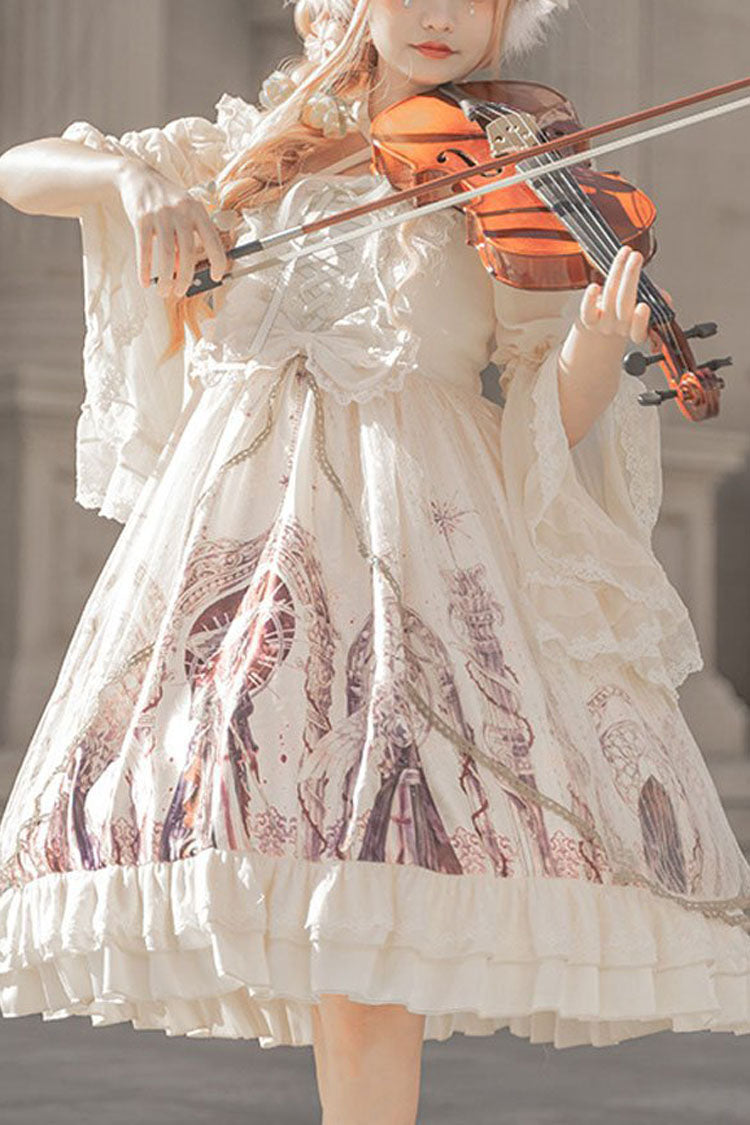 Ivory Ancient Mythology Angel Wings Print Mesh Stitching Bowknot Ruffled Gothic Lolita Jsk Dress - Ivory - 1