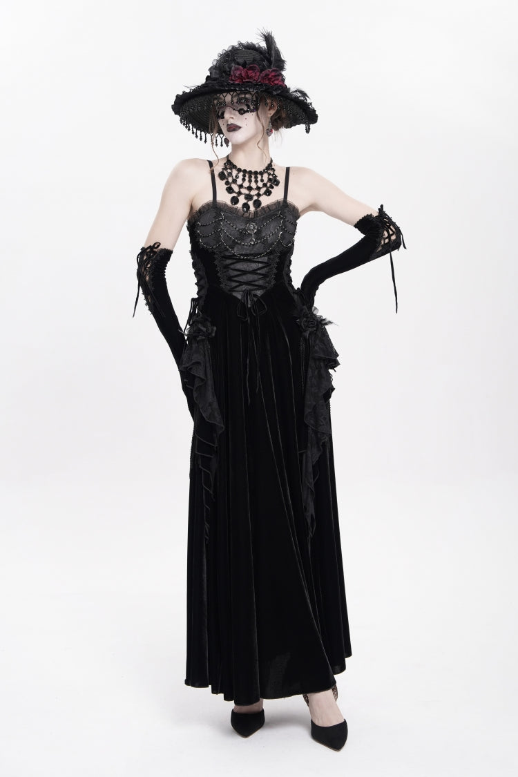 Black Sleeveless Ruffle Lace-Up Plumed Women's Gothic Long Slip Dress - Product - 7