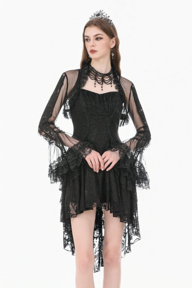 Black Lace Ruffled High Collar Long Flare Sleeves Sheer Mesh Women's Gothic Cape - Product - 5