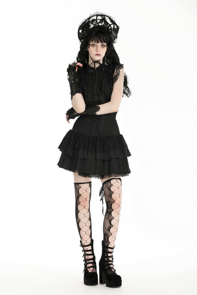 Black Lace Ruffled Stand Collar Bow Sleeveless Triple-Layered Hem Women's Gothic Dress - Product - 6