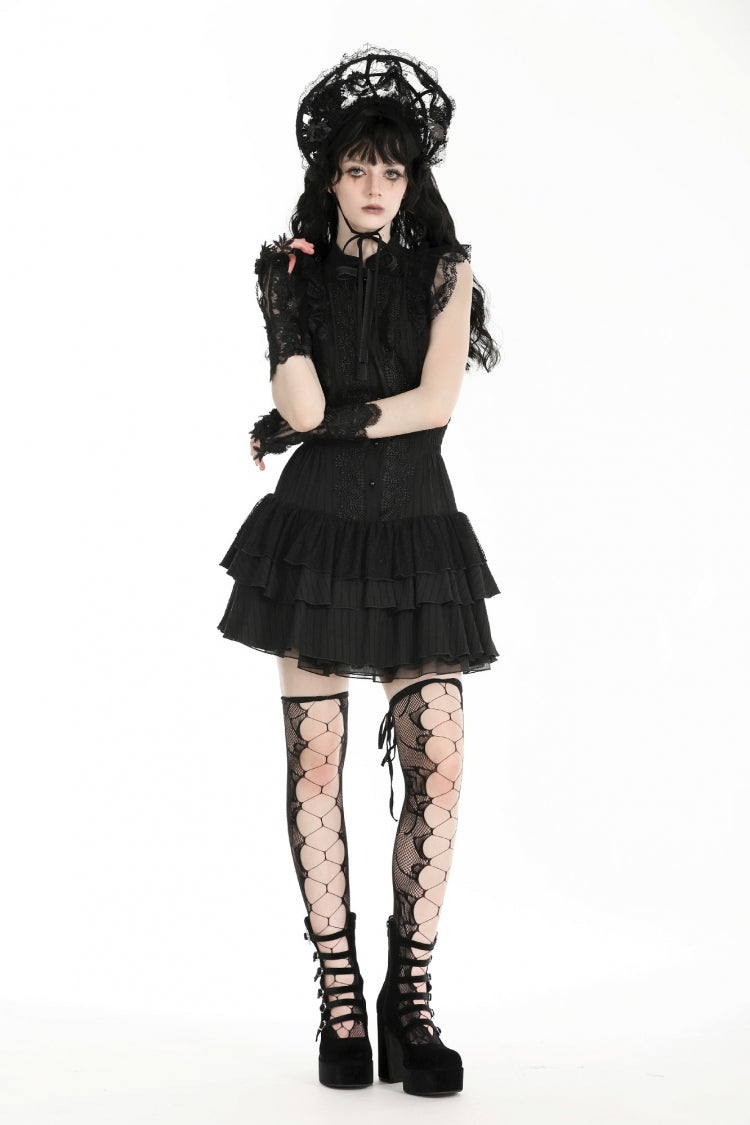 Black Lace Ruffled Stand Collar Bow Sleeveless Triple-Layered Hem Women's Gothic Dress - Product - 6