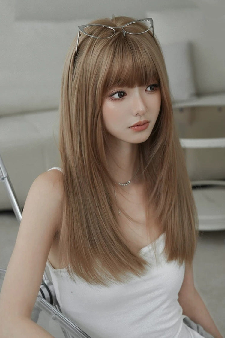 Korean Daily Sweet Style Flaxen Brown Long Layered Straight Lolita Wig with Airy Full Bangs - Product - 7