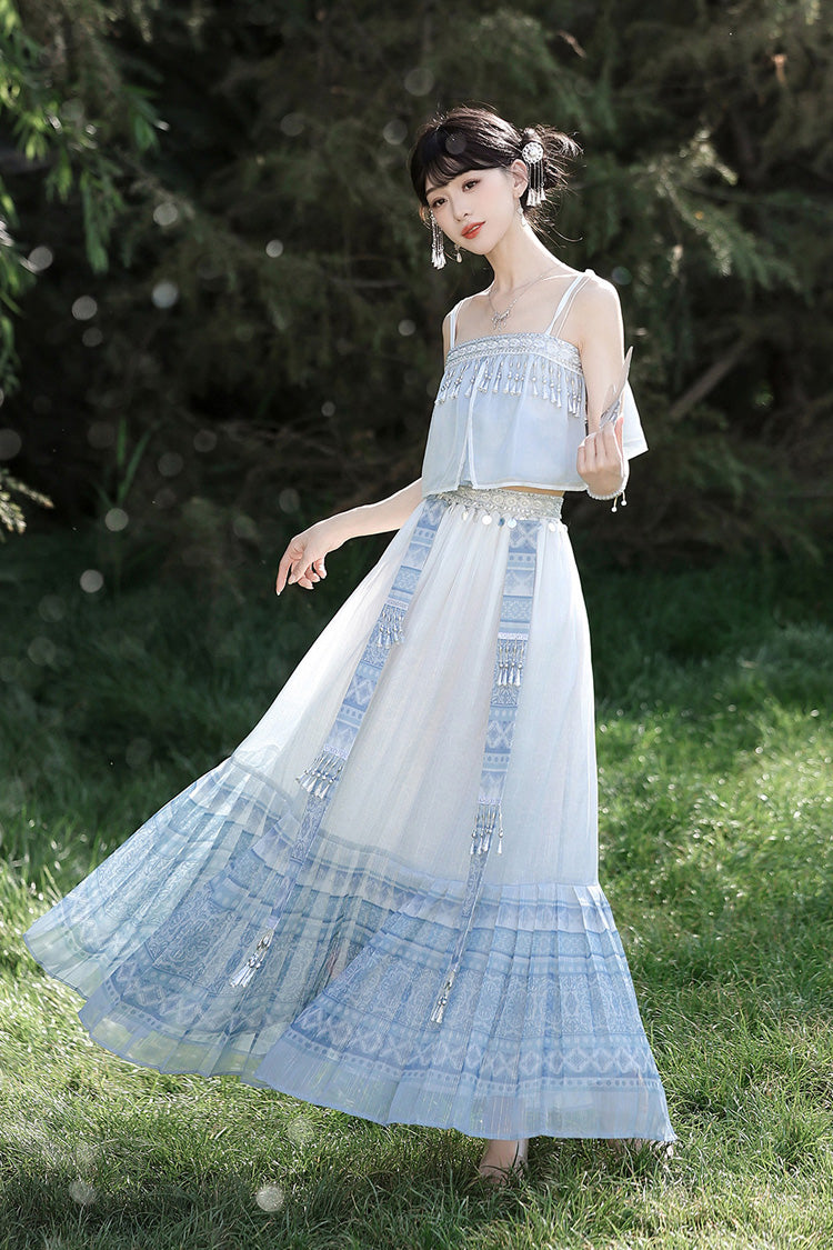 White/Blue [Moon-Reflecting Bell] Long Sleeves High Waisted Printed Women's Classic Hanfu Set - Product - 6