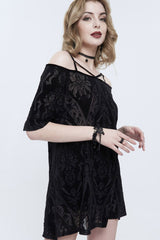 Black Print Front Long Back Side Slit Off The Shoulder Women's Punk Dress - Product - 3