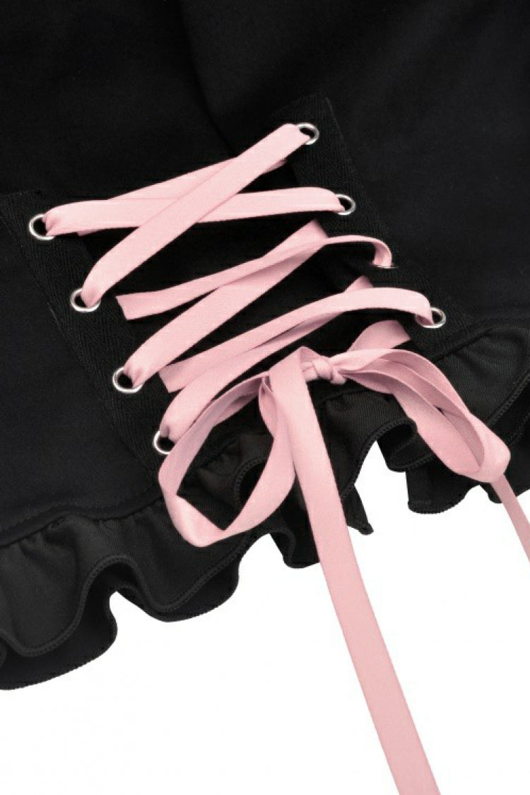 Black/Pink Short Puff Sleeves Lace Ruffled Lace-Up Zippered Women's Lolita Gothic Crop Top with Cat Hood - Product - 17