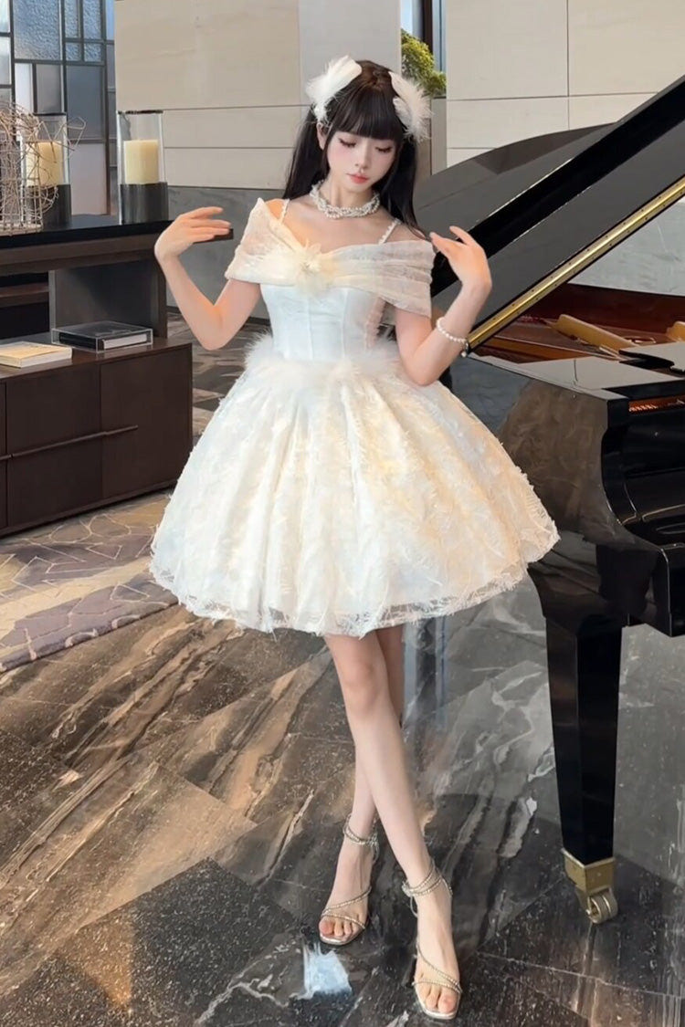White [Moonlight] Off Shoulder Jacquard Embroidered Bow Gothic Lolita Jsk Short Dress - White - 1