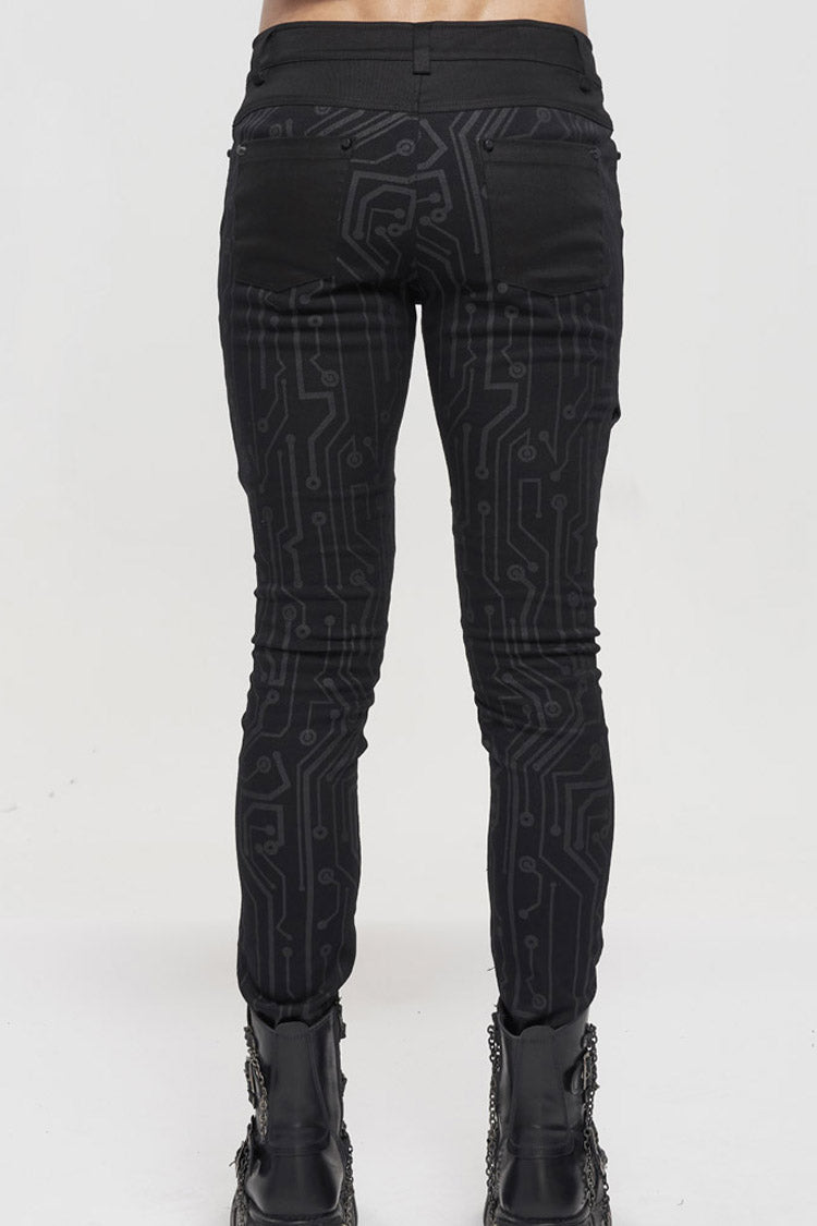 Black Punk Casual Circuit Diagram Print Asymmetric Decoration Men's Long Pants - Product - 5