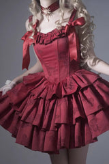 Wine Red Sleeveless Multi-layer Ruffle Bowknot Fish Bone Gothic Lolita Jsk Dress - Product - 2