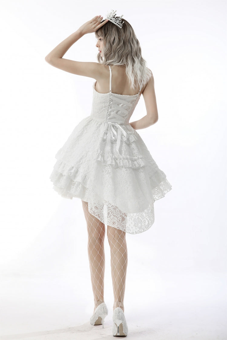 White Sleeveless High/Low Multi-Layered Jacquard Lace Lace-Up Women's Gothic Slip Wedding Graduation Dress - Product - 4