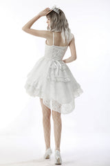White Sleeveless High/Low Multi-Layered Jacquard Lace Lace-Up Women's Gothic Slip Wedding Graduation Dress - Product - 4