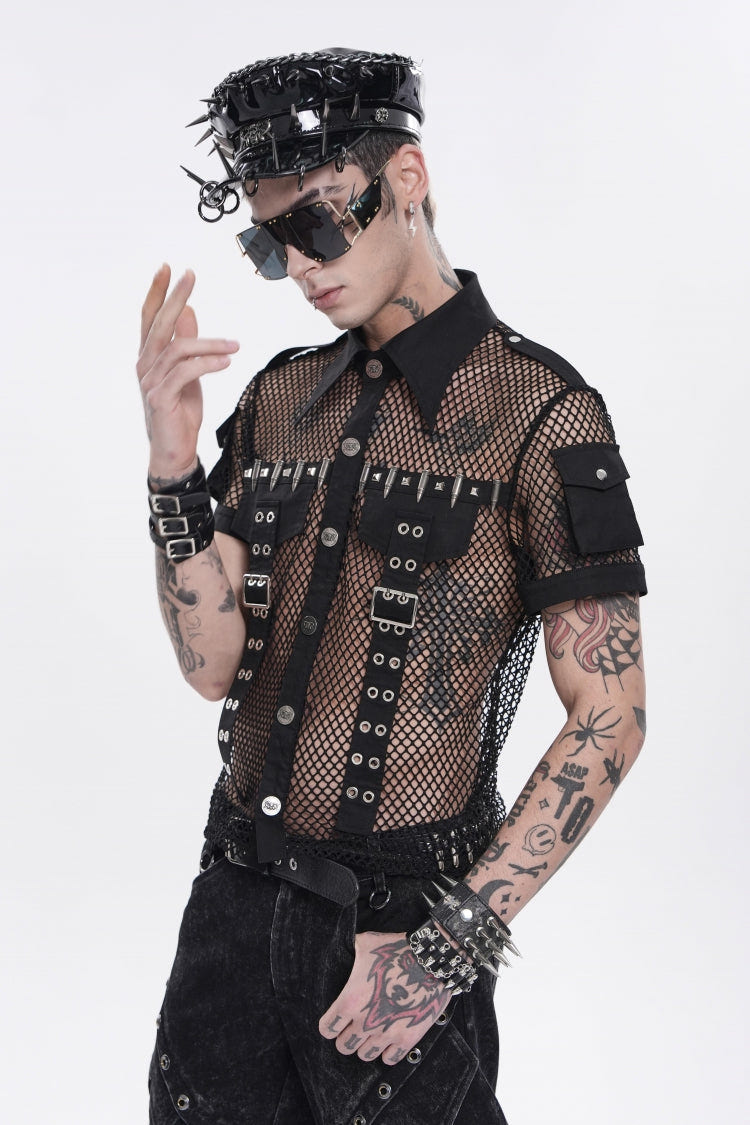 Black Lapel Collar Short Sleeves Cut-Out Spliced Sheer Mesh Studded Eyelet Men's Punk Small Pockets Cool Shirt - Product - 15