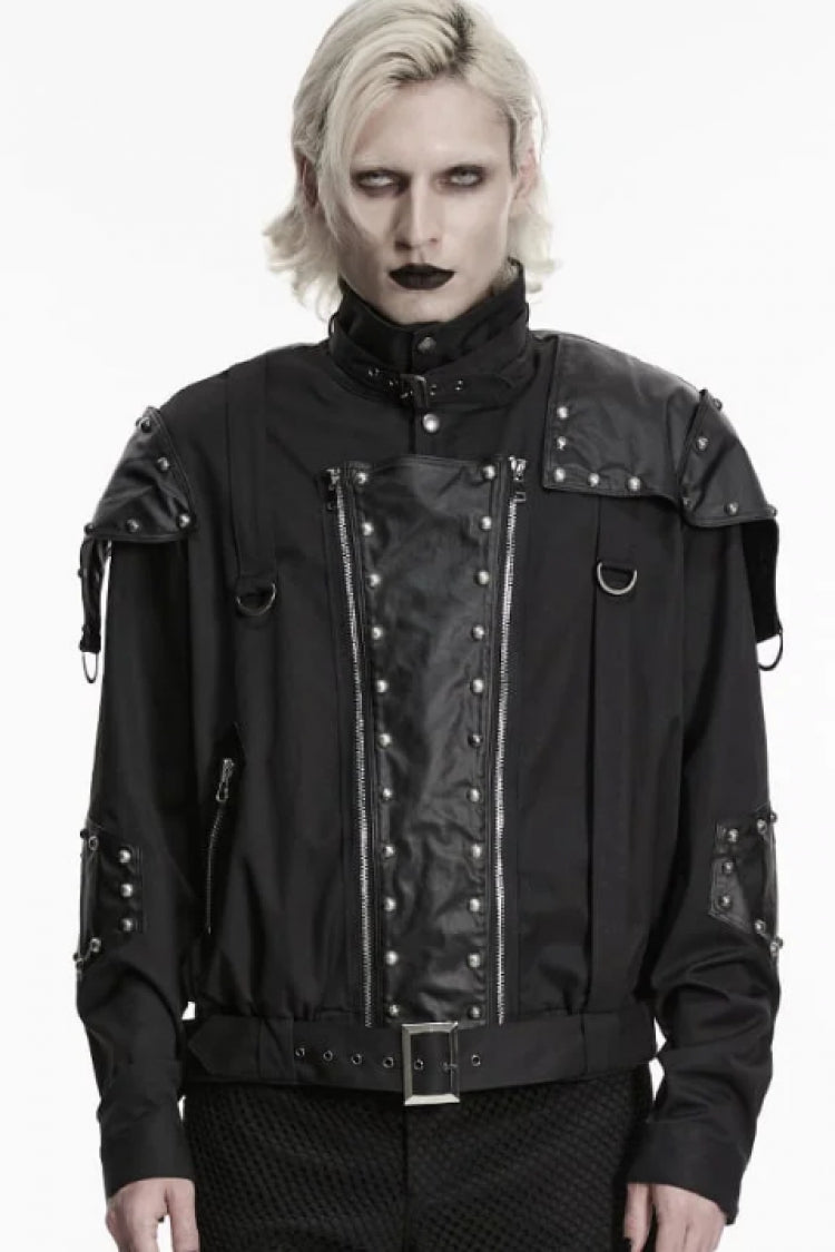 Black Stand Collar Long Sleeves Spliced Asymmetric Studded Buckled Zippered Men's Punk Cool Jacket - Black - 1