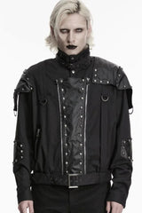Black Stand Collar Long Sleeves Spliced Asymmetric Studded Buckled Zippered Men's Punk Cool Jacket - Black - 1