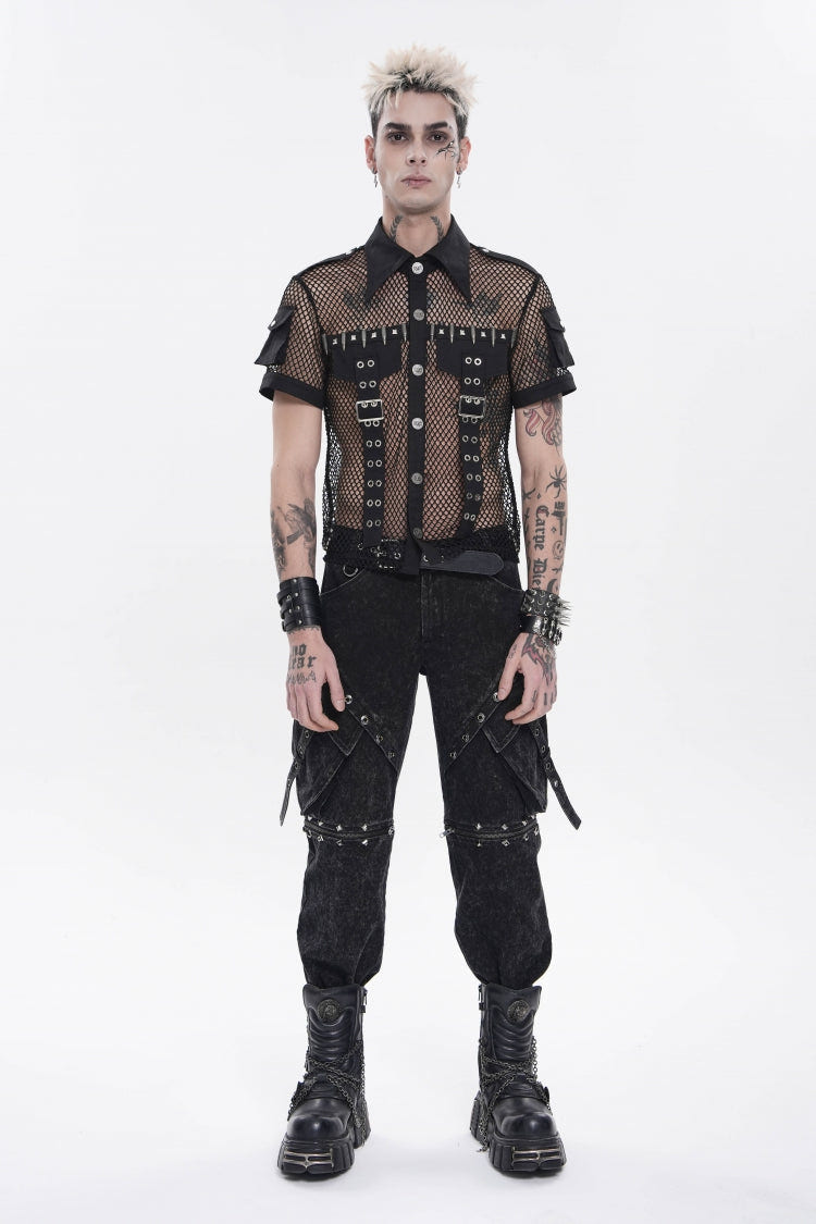 Black Lapel Collar Short Sleeves Cut-Out Spliced Sheer Mesh Studded Eyelet Men's Punk Small Pockets Cool Shirt - Product - 2
