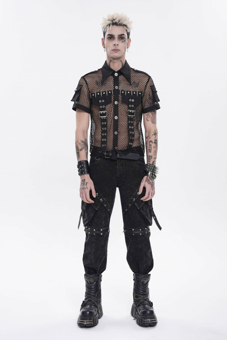 Black Lapel Collar Short Sleeves Cut-Out Spliced Sheer Mesh Studded Eyelet Men's Punk Small Pockets Cool Shirt - Product - 2