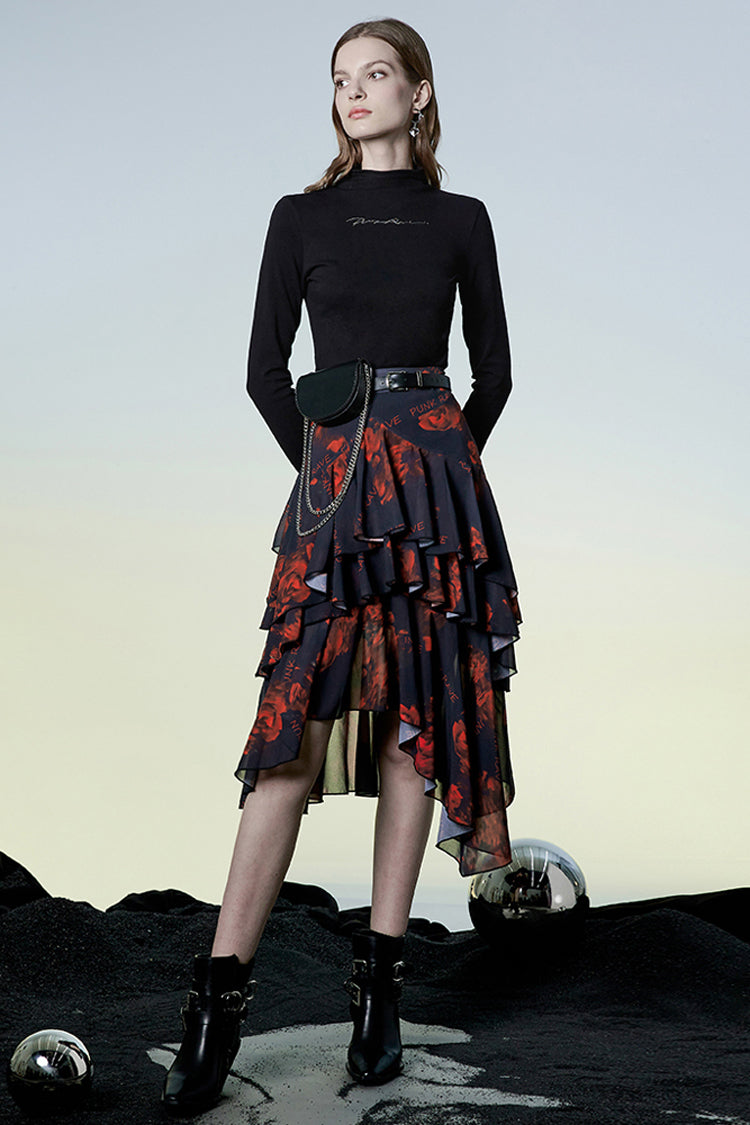 Black/Red Layered Irregular Skirt Pattern Printing Decoration High Waist Chiffon Women's Punk Skirt - Product - 4