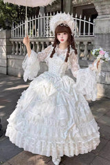 White [Ode of the Curtain] Multi-Layered Ruffled Hanayome Open-Front Bow Lace Lace-Up Sweet Long Lolita Jsk Dress - White - 1