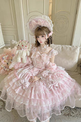 Pink [Prelude of Spring] Sleeveless Multi-Layered Ruffled Bow Lace Sweet Princess Lolita Jsk Dress - Product - 3