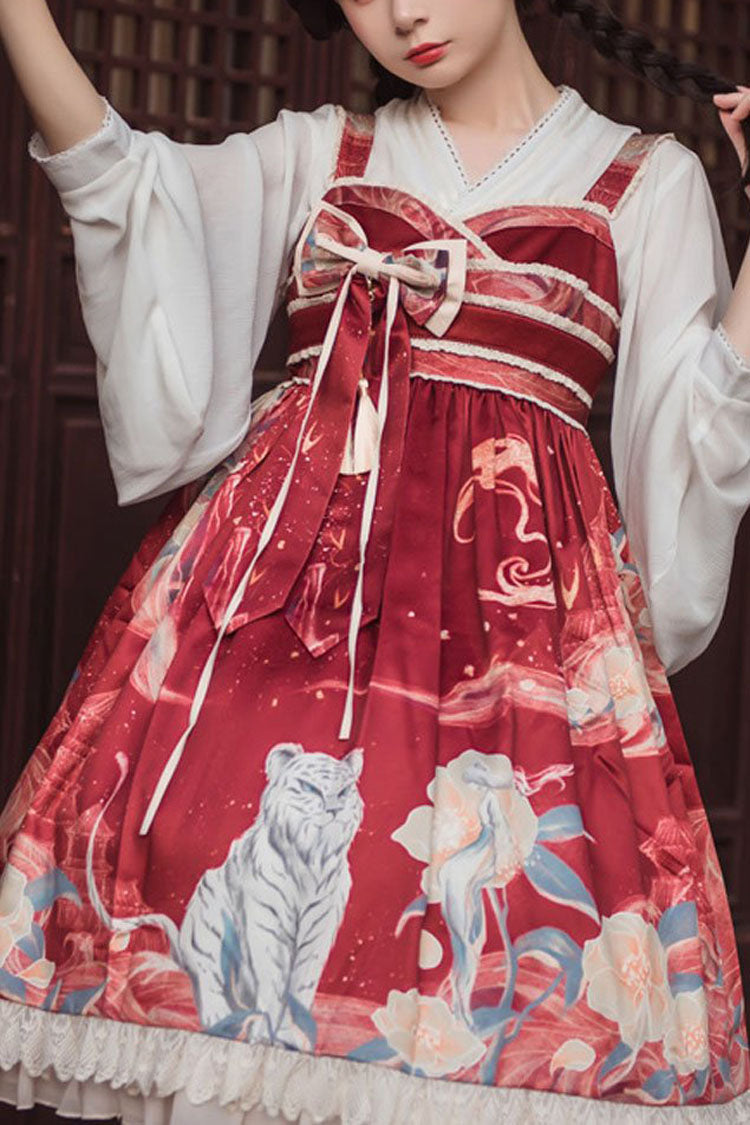 Wine White Tiger Print Chinese Style High Waisted Classic Lolita Jsk Dress - red - 1