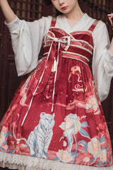 Wine White Tiger Print Chinese Style High Waisted Classic Lolita Jsk Dress - red - 1