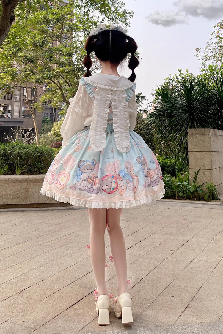Blue Baked Bear Print Ruffle Sweet Lolita Skirt - Product - 7