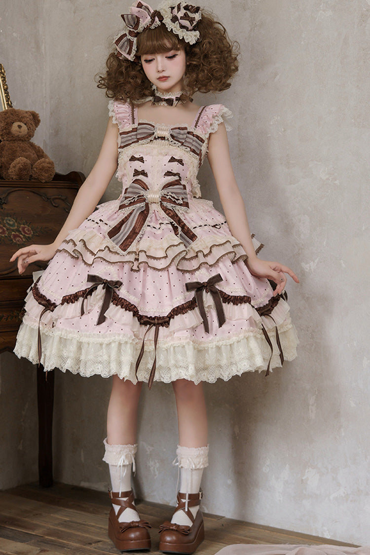 Pink [Shengqiao Tata] Sleeveless Print Ruffle Bowknot Lace-Up Sweet Elegant Lolita Jsk Dress - Product - 11