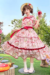 [Bear's Strawberry Garden] Lapel Collar Short Sleeves Print Bowknot Sweet Lolita Dress 4 Colors - Pink - 8