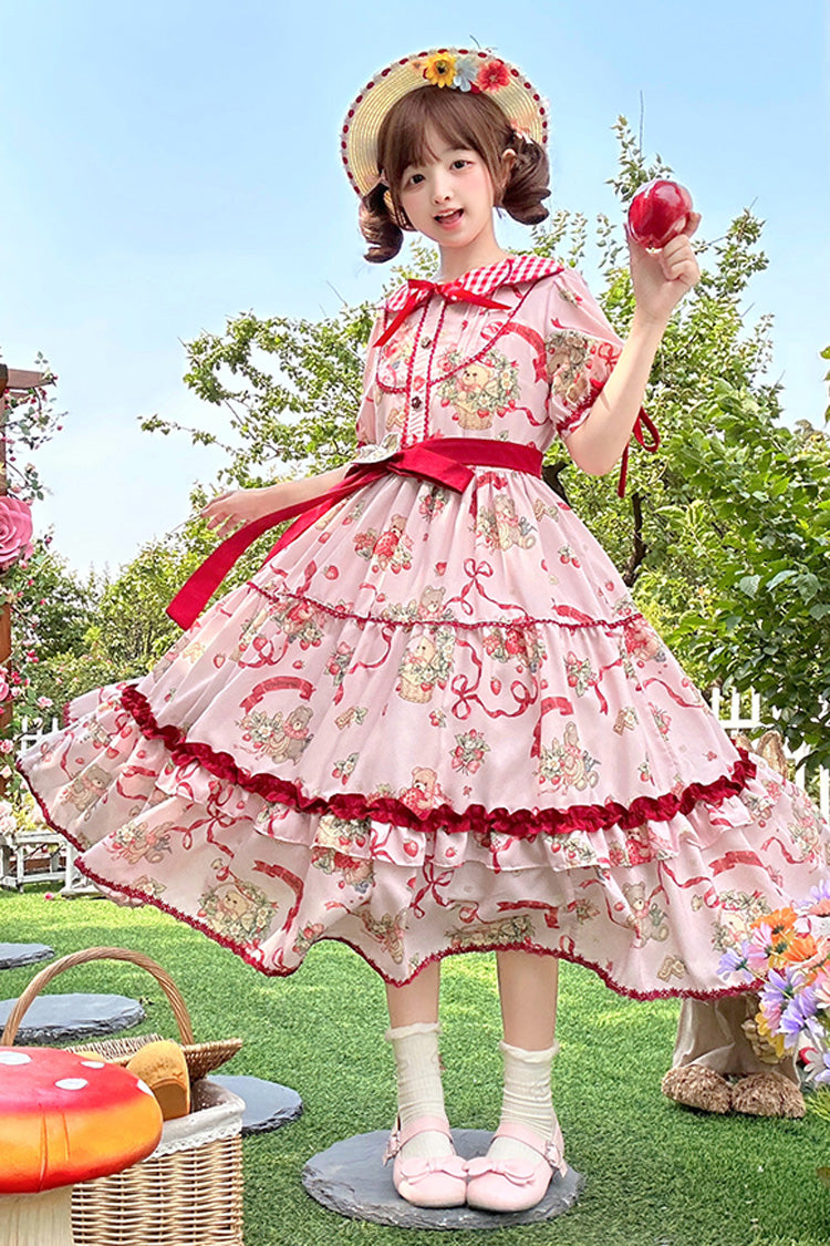 [Bear's Strawberry Garden] Lapel Collar Short Sleeves Print Bowknot Sweet Lolita Dress 4 Colors - Pink - 8