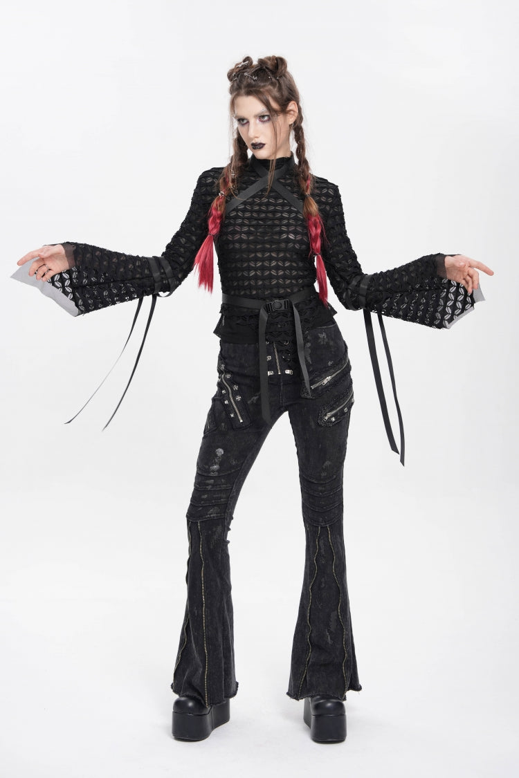 Black Stand Collar Long Sleeves Mesh Buckle Straps Women's Punk Blouse - Product - 9