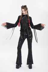 Black Stand Collar Long Sleeves Mesh Buckle Straps Women's Punk Blouse - Product - 9