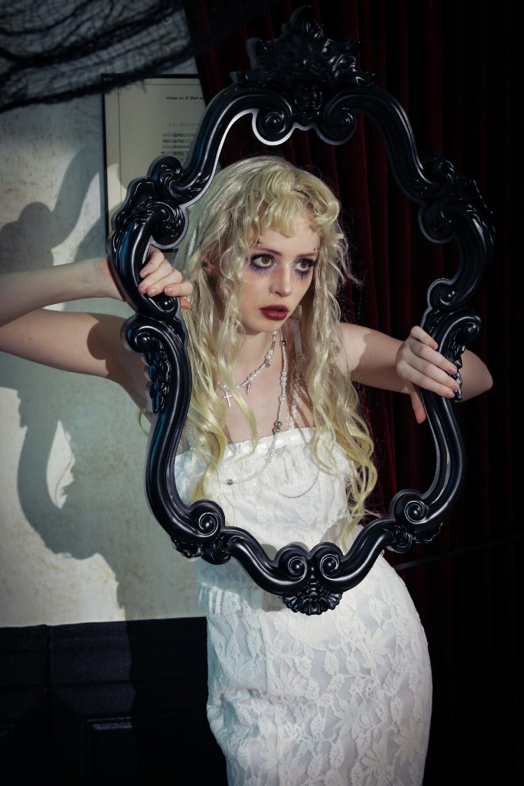 White Sleeveless Pleated Lace Women's Gothic Slip Dress Wedding Dress - Product - 8