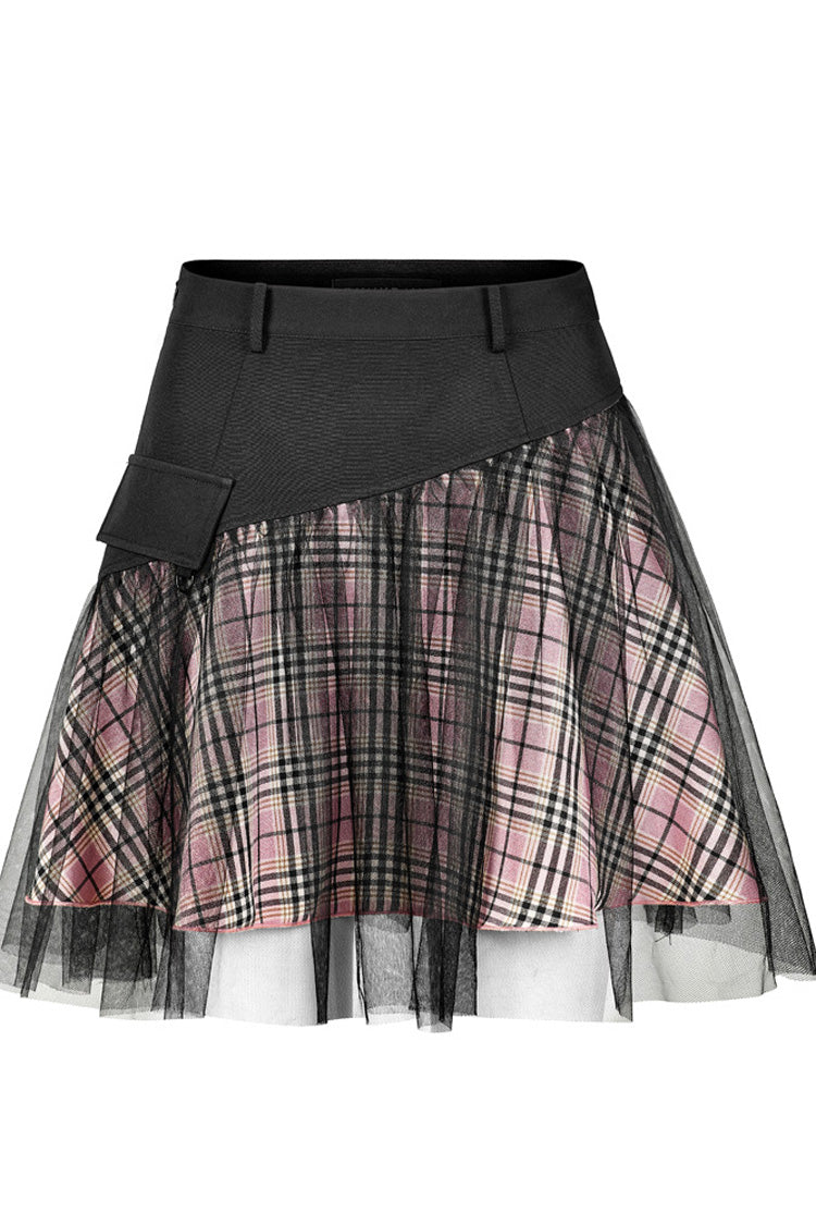 Pink/Black Cotton Splicing Mesh Sweet Plaid Personalized Pocket Decoration Waist Punk Women's Short Skirt - Product - 7