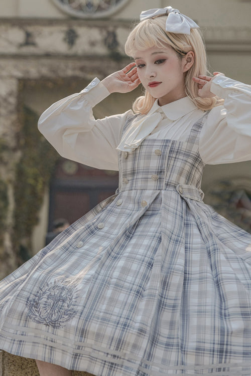 Detective Girl Lapel Collar Double Breasted Embroidery Fake Two Pieces Plaid Sweet Lolita OP Dress - Product - 6